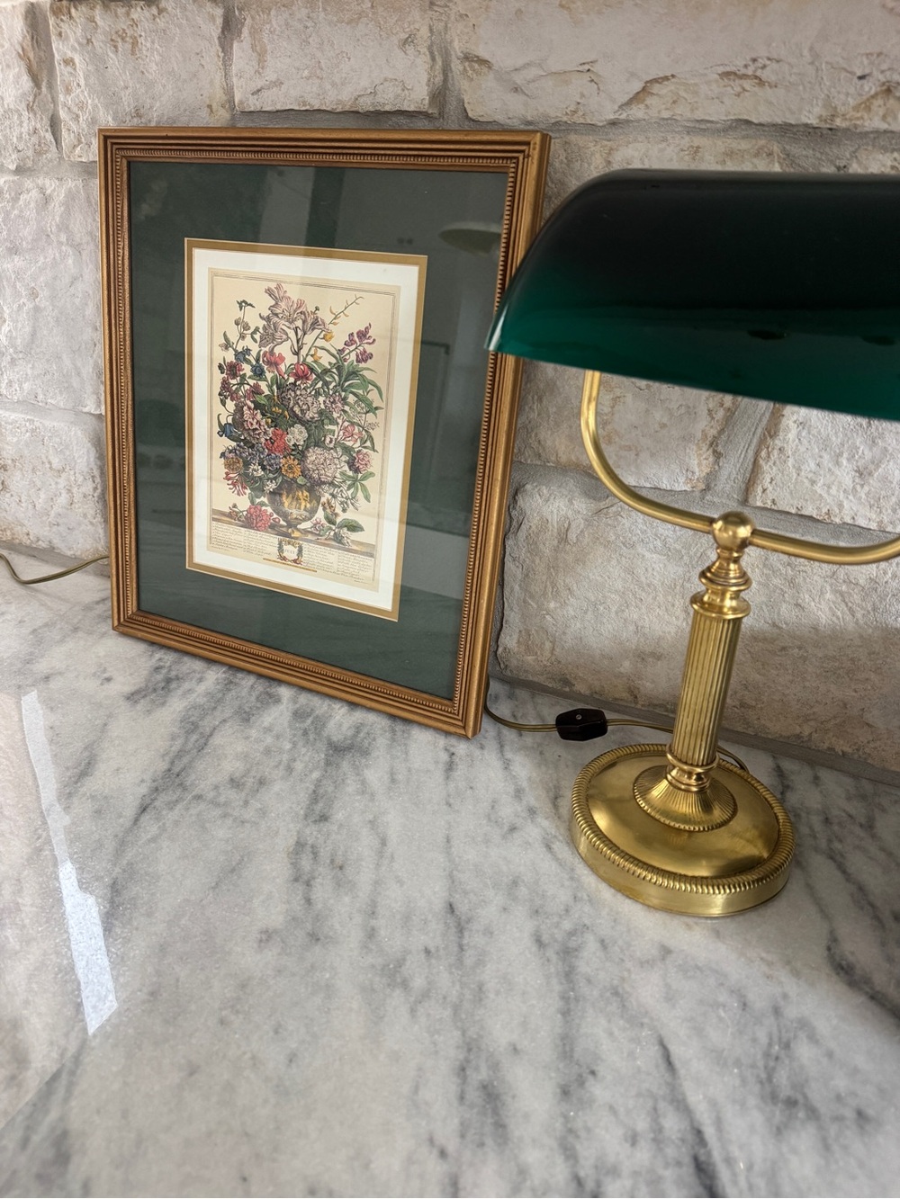 Framed Floral Vintage Print with Gold Frame and Dark Green Mat